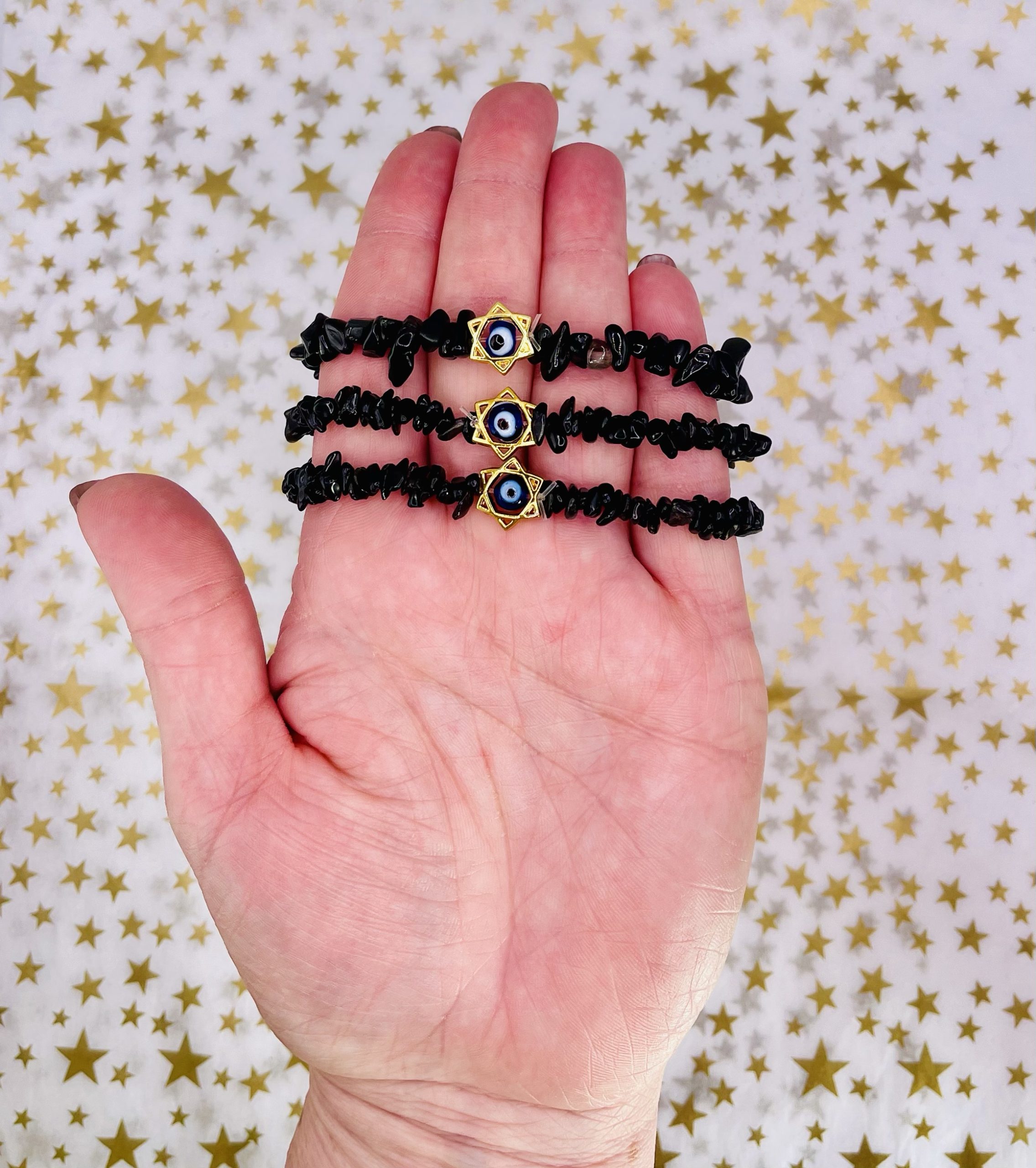 Black Obsidian Evil Eye Chip Stretch Bracelet - Image 3