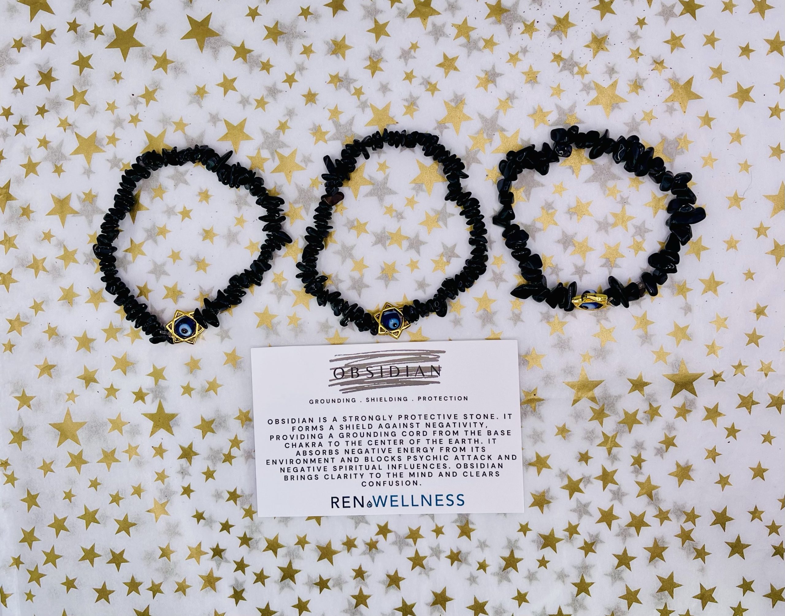 Black Obsidian Evil Eye Chip Stretch Bracelet - Image 2